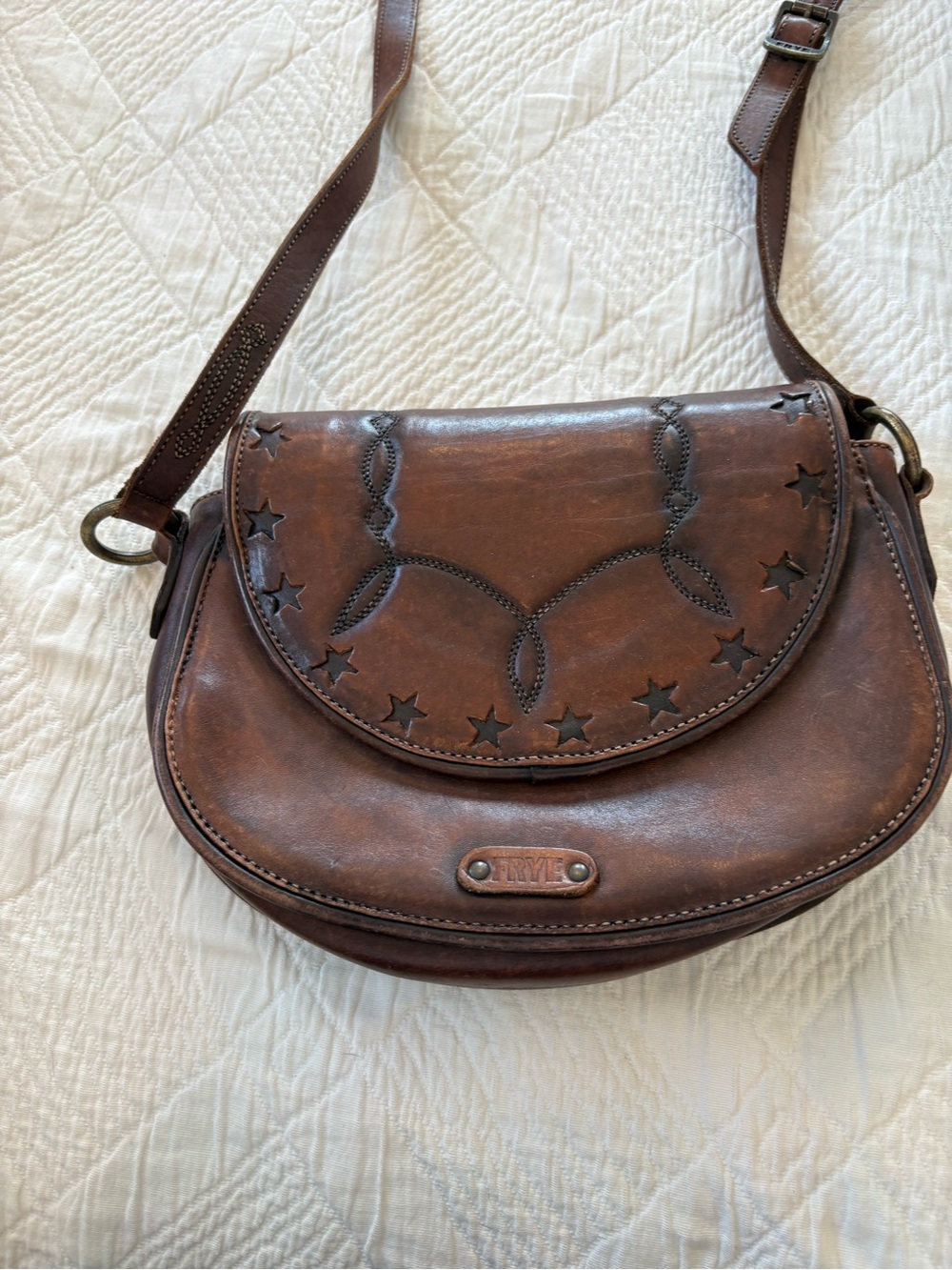 Frye dark Brown Leather Crossbody Bag with Star Accent engraving all leather - Picture 2 of 6